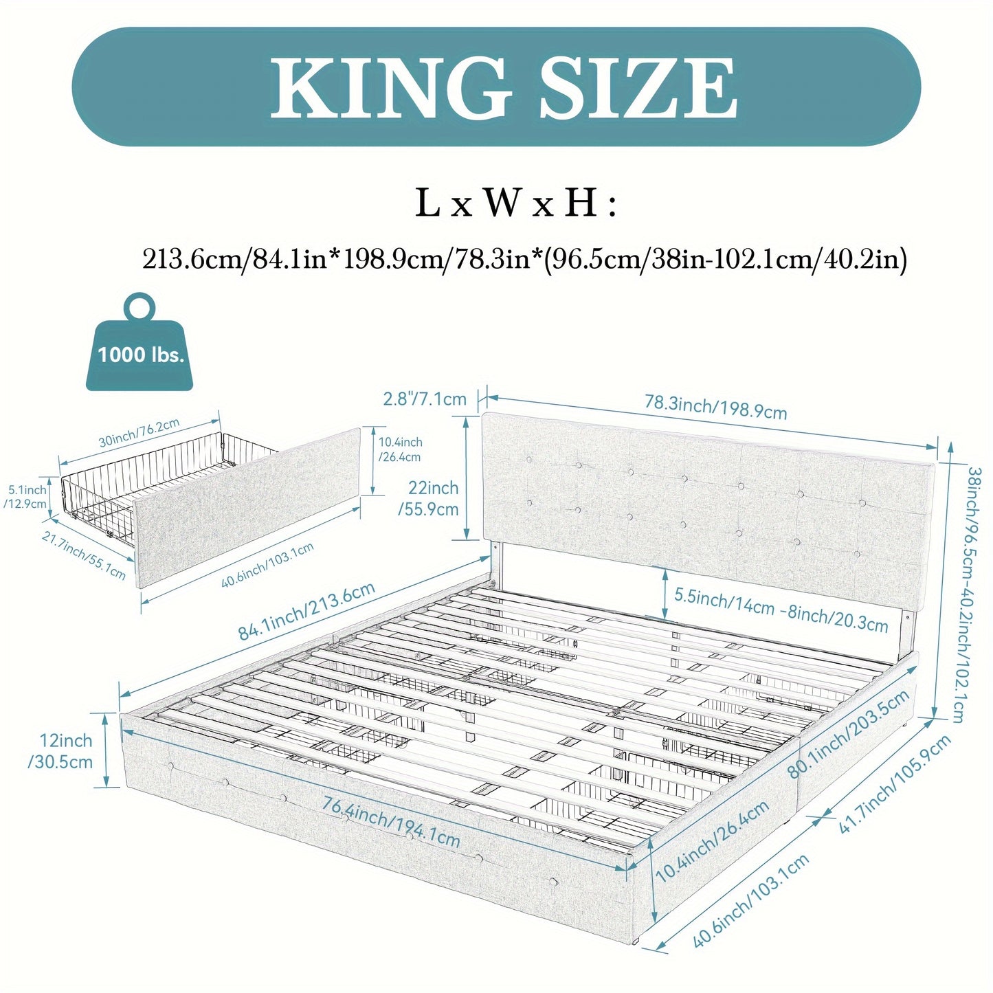 HOOMIC Full/Queen/King Size Platform Bed Frame with 4 Storage Drawers & Adjustable Headboard - Contemporary Square Stitched Button Tufted Design, Noise-Free Wooden Slats, No Box Spring Needed, Easy Assembly, Recycled Wood & M