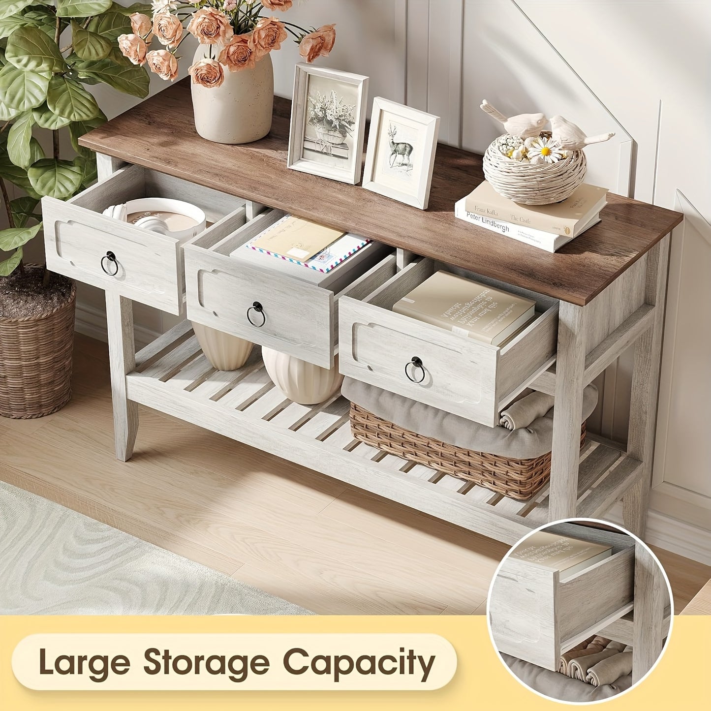 Console Sofa Table With Large Storage Space, 3 Drawer Entryway Table, Open Shelf, Behind Couch Entry Foyer Hallway Storage, Narrow Long Behind Couch Sofa Table For Living Room, Foyer, Hallway