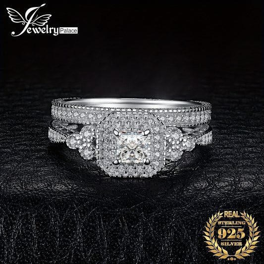 2pcs Elegant 925 Sterling Silver Princess Cut Cubic Zirconia Engagement Ring Set, Synthetic December Birthstone, White Golden Plated, Valentine's Day Gift, All-Season Wedding Band Jewelry