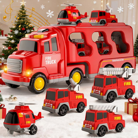 Fire Truck Toys for 3 4 5 Boys Toddlers, 5in 1 Kids Carrier Fire Trucks Cars for Boy Toys Birthday, Car Trucks Friction Power Toys with Light Sound