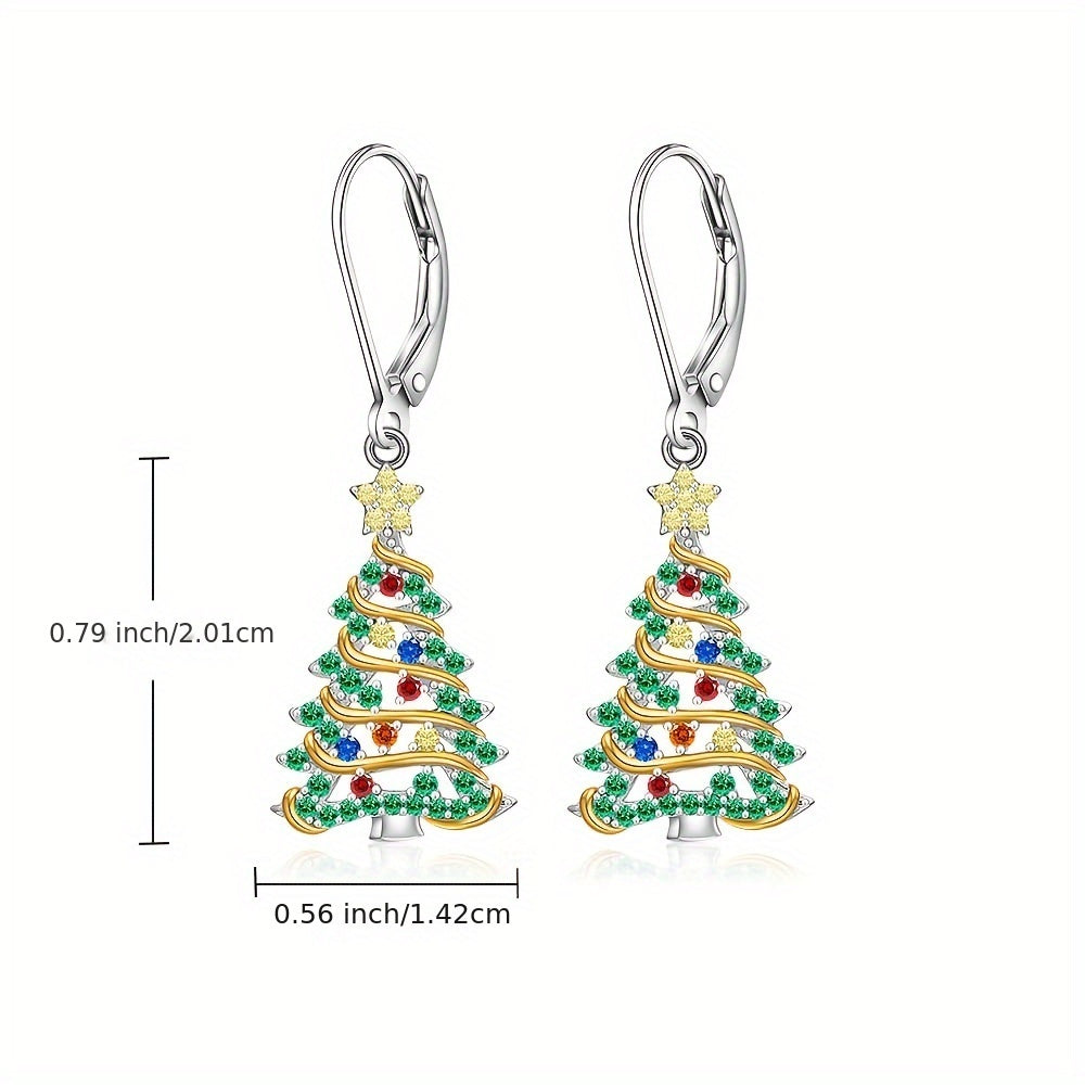 925 Sterling Silver Christmas Tree Earrings, Christmas Earrings Women Silver Ribbon, Green Christmas Tree Colorful Zirconia Frozen Earrings Earrings Holiday Jewelry Gifts for Women