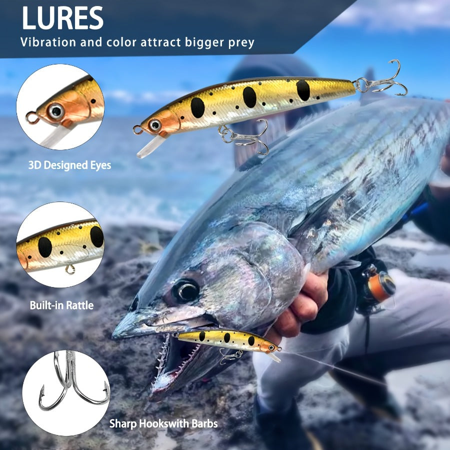 fanyishu Popular - Professional Bass Fishing Lure Set | 109pcs Kit, Includes Treble Hooks, Soft Baits, Plastic Worms, Sinkers, and Fish Hooks Suitable for Saltwater