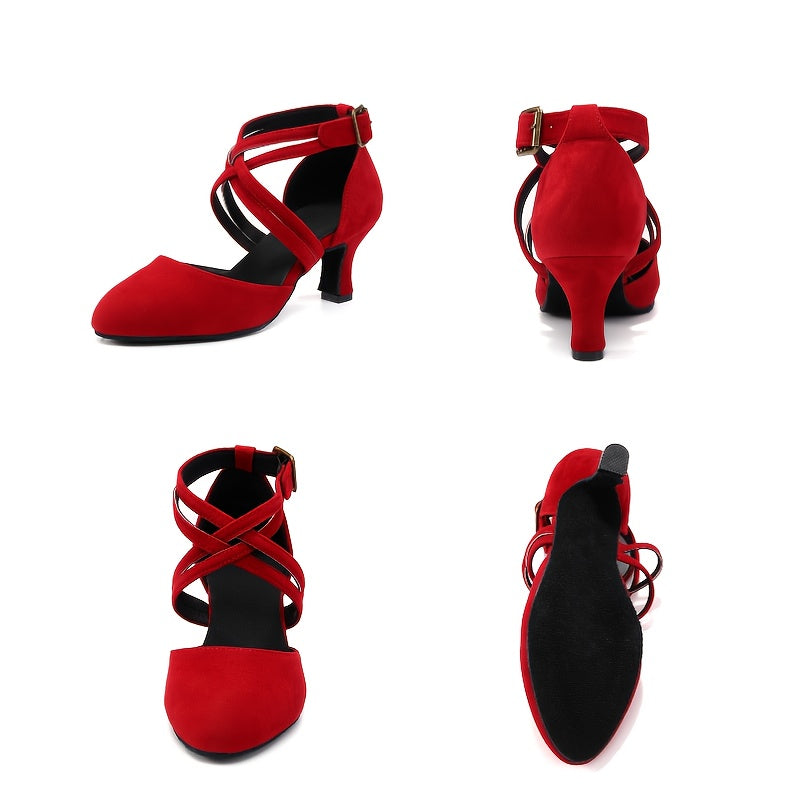 Womens Latin Salsa Dance Shoes - Soft Indoor Fabric, Secure Cross-Straps, Stylish Low Heel, Ultra-Comfortable Fit - Perfect For Cha Cha, Ballroom - Multiple Colors