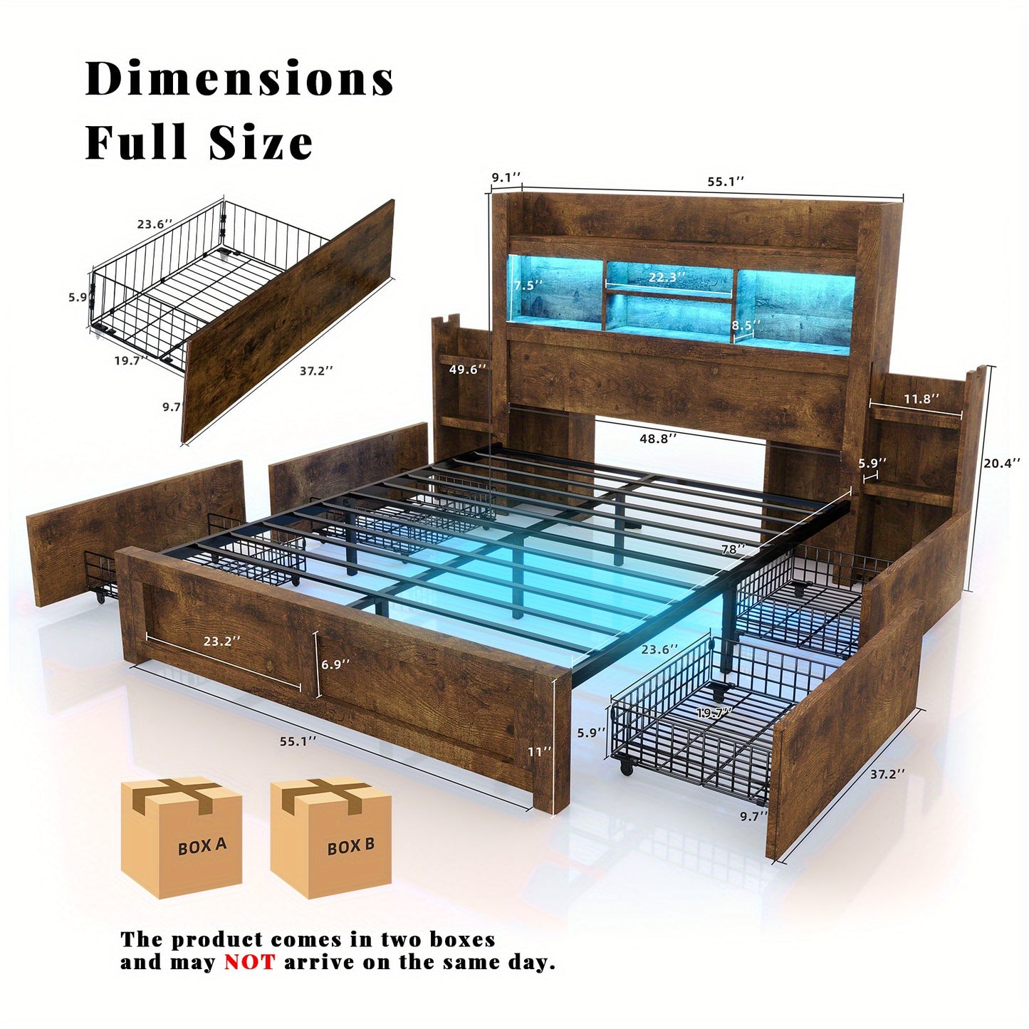 PAPABABE Bed Frame Featuring a 49.6-Inch Bookcase Headboard, Four Drawers, And Two Removable Storage Racks - a Farmhouse-Style Wooden Bed Frame Equipped with RGB LED Lights And a Charging Station, No Box Spring Required