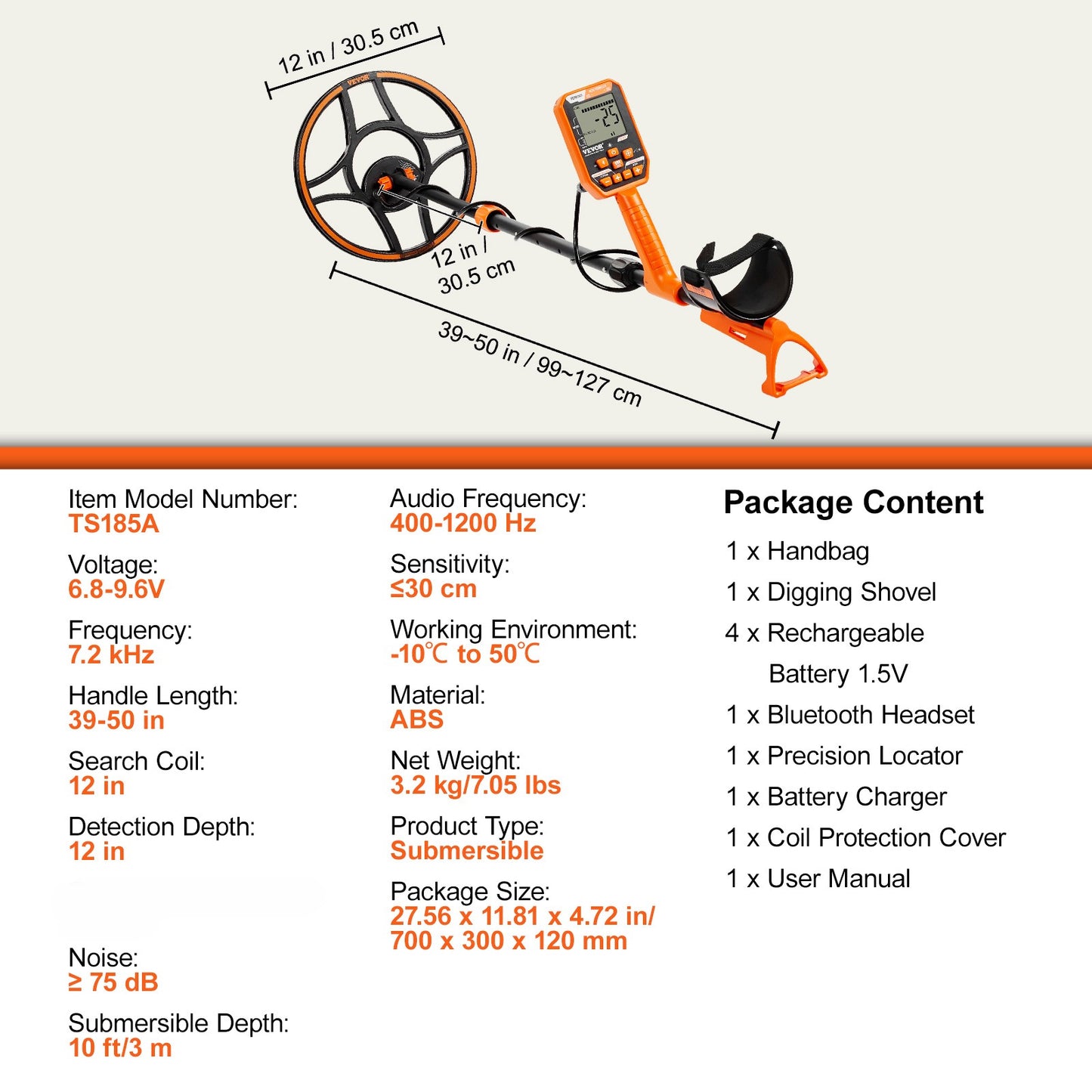 VEVOR Metal Detector, 12" Coil, Professional Rechargeable Gold Detector, 39-50 in Adjustable with LCD 7 Modes Advanced DSP Chip Bluetooth Headset, Detecting Gold Treasure Hunting