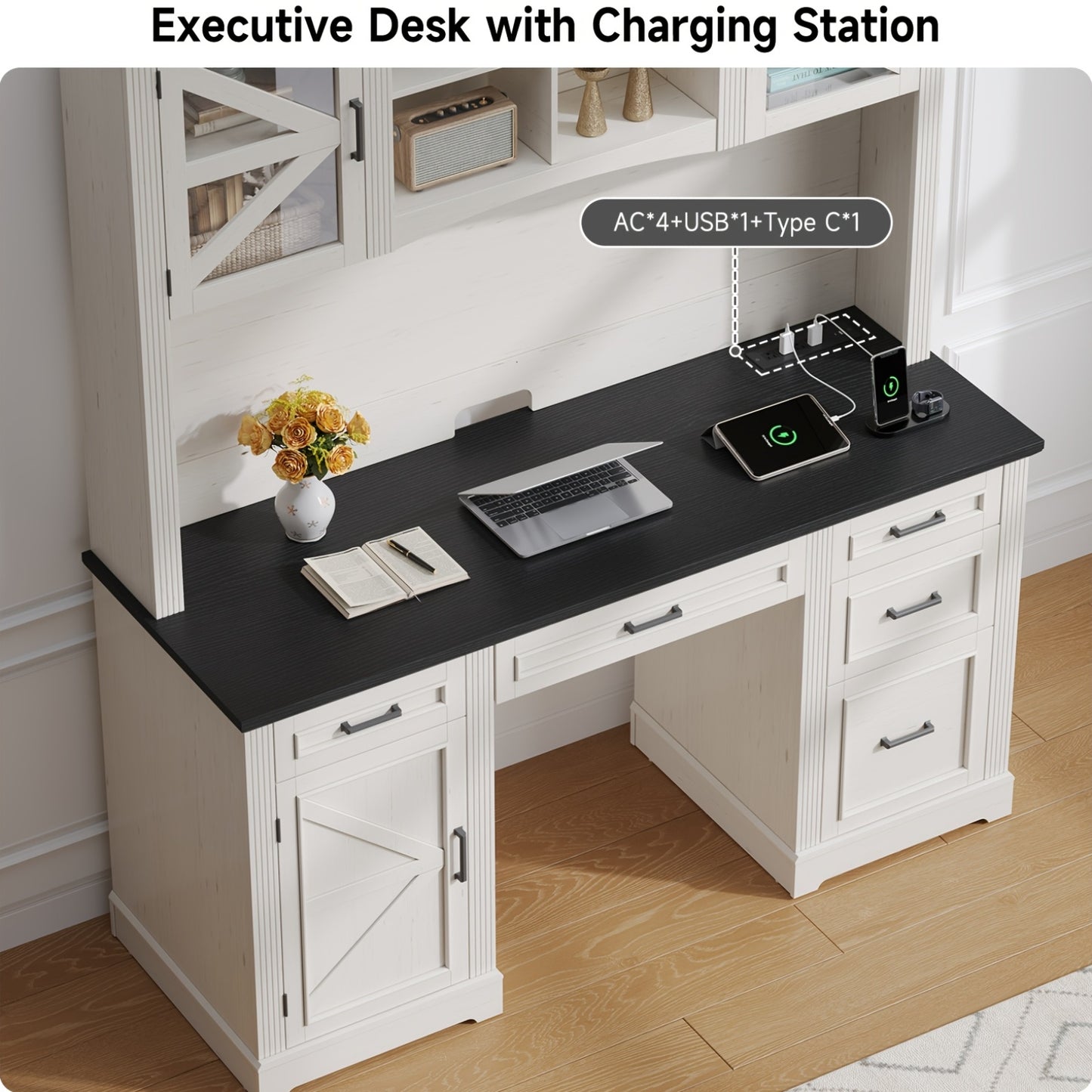 73-inch H Farmhouse Style Executive Desk with Bookshelves And Charging Station | Desk with 5 Drawers, Locker, And Cable Management System, Home Computer Workstation, Off White& Black