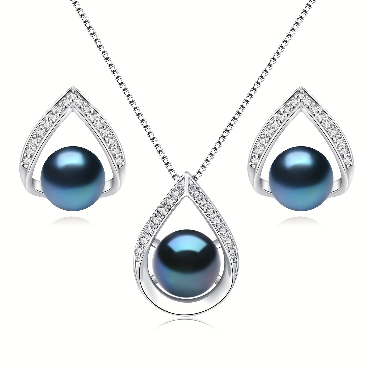 S925 Elegant Teardrop Style Cultured Black Pearls Necklace And Earrings Set