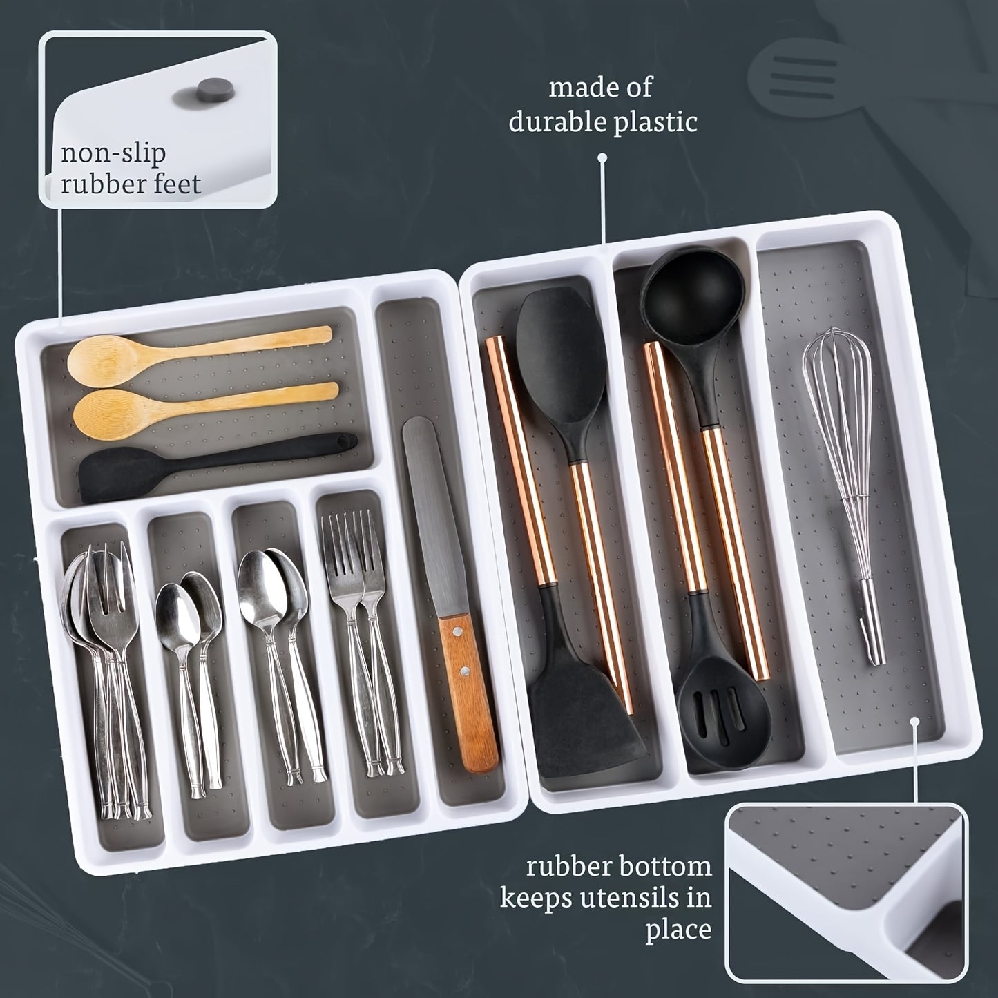 No-Slip Silverware Tray Organizer with 9-Section Deep Drawer Storage - Durable Plastic Kitchen Utensil & Cutlery Holder, Space-Saving Design for Entire Drawer, Easy Insert Installation, White & Gray, Kitchen Drawer Organizer,