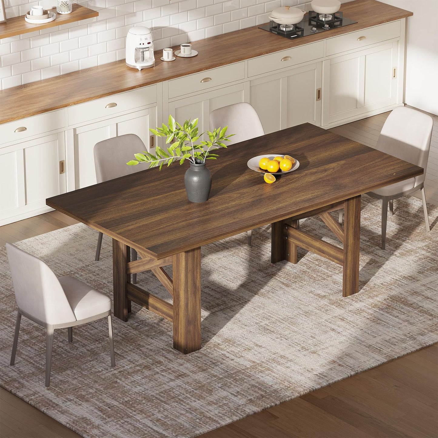 Wood Farmhouse Dining Table for 6-8 | Heavy Duty Large Kitchen Table, 70.87" Long Rectangular Dining Room Tables with Strong Legs, Thickness Tabletop, for Big Family, Dinette | Mediterranean Style, Mixed Color, Multifunctiona