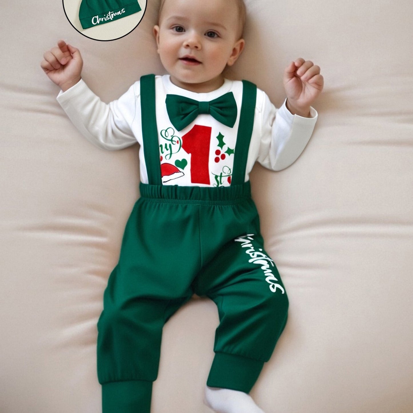 Newborn Baby Boy Fall Winter Christmas Letter Long Sleeve Round Neck Romper Elastic Waist Overall Pants with Hat Outfits, Perfect for Outdoor