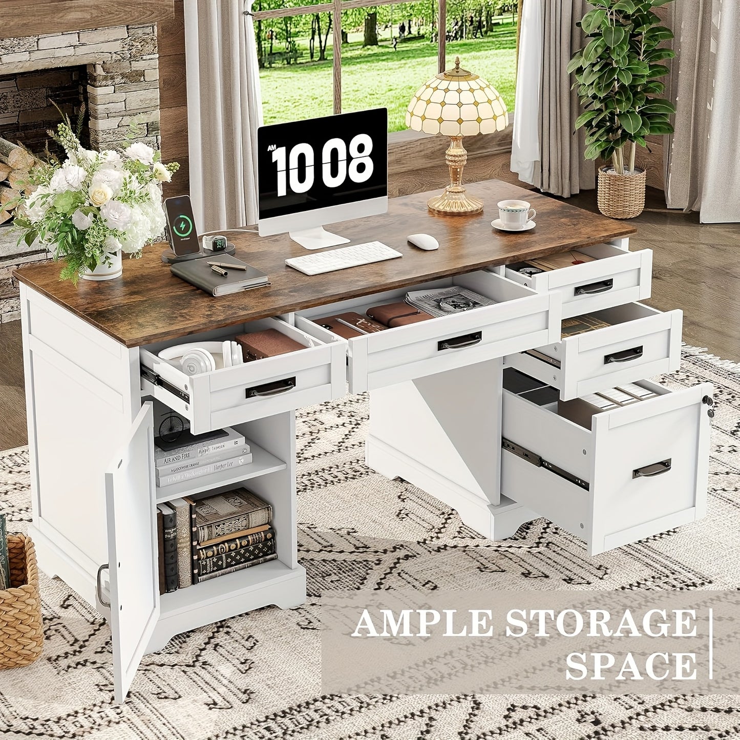 55'' Farmhouse Executive Desk with Power Outlets, Home Office Desk with Drawers And Cabniet