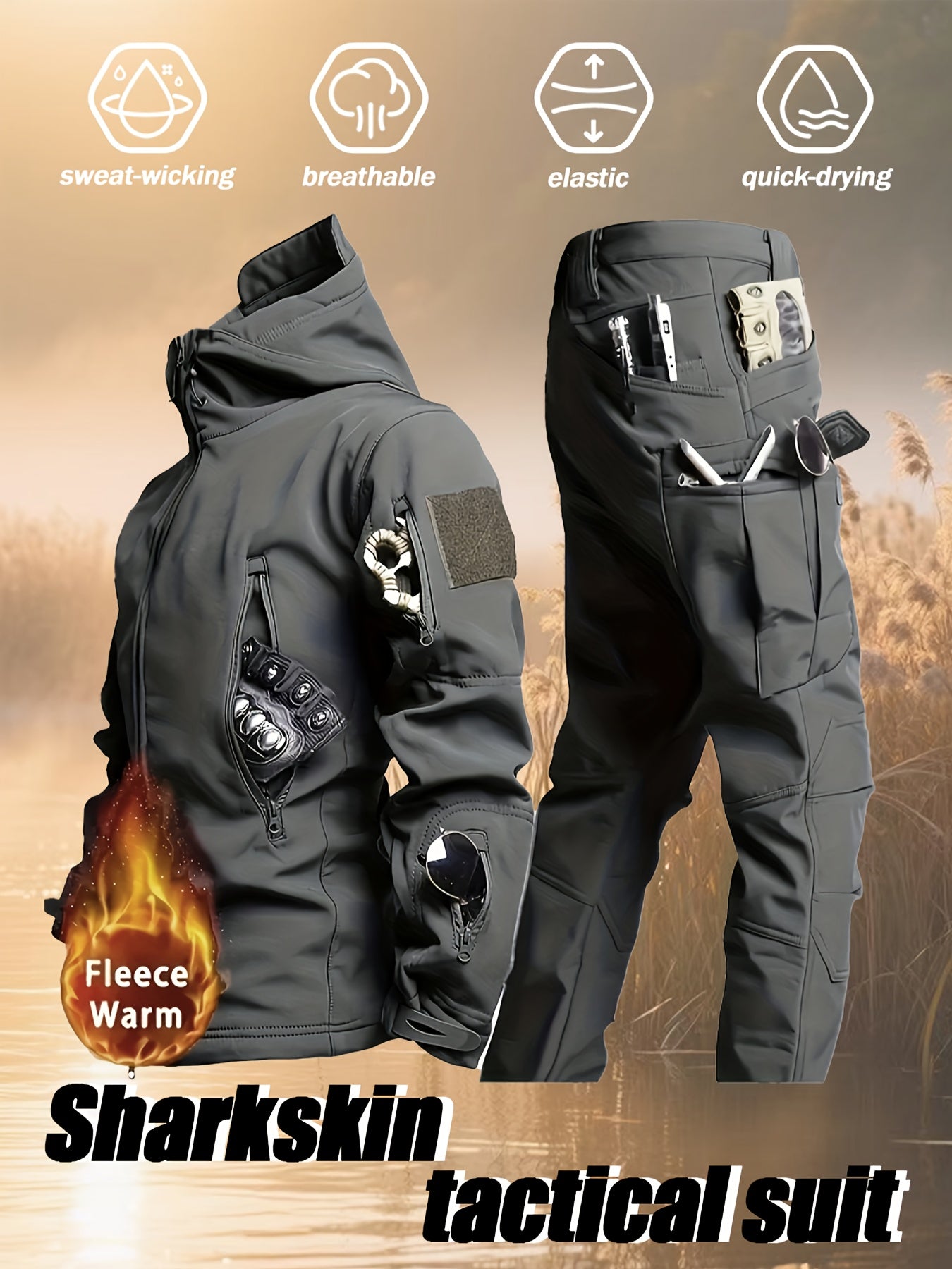 Men'S Autumn and Winter New Thickened Two-Piece Windproof Jacket Hoodie with Multiple Pockets, Elastic, Warm, Suitable for Hiking, Skiing, Fishing, Outdoor Sports Gear | Tactical Style | Breathable Fabrics, Winter Sports Gear