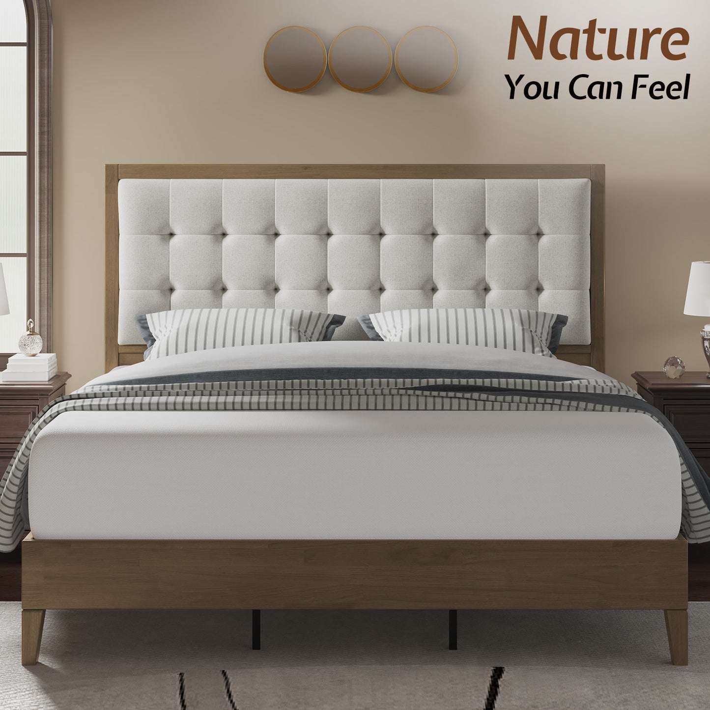 ALBOTT Wooden Bed Frame, High Upholstered Tufted Headboard, Sturdy Wood Platform, No Box Spring Required