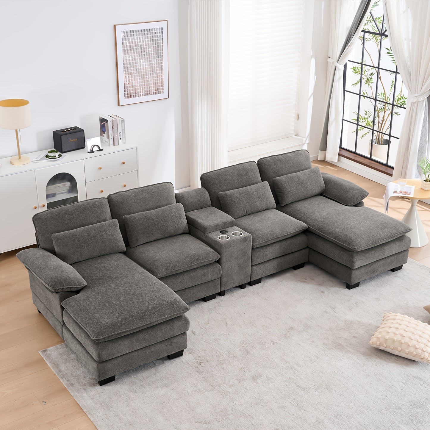 Living Room Comfort Combo Sofa, U-Shaped Cloud Sofa Combination Sofa, Modern Corduroy Modular Sofa with Recliner, Console Cup Holder