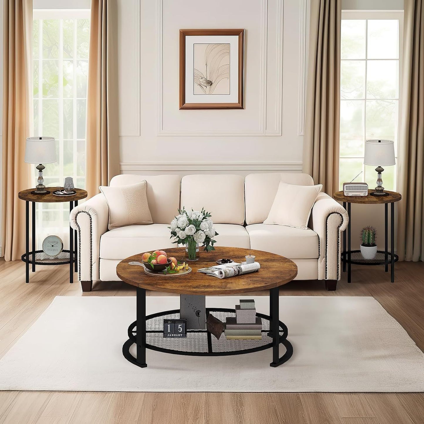 3-Piece Coffee Table Set – Rustic Brown Center Table & 2 End Tables, Modern Living Room Furniture for Small Space or Apartment