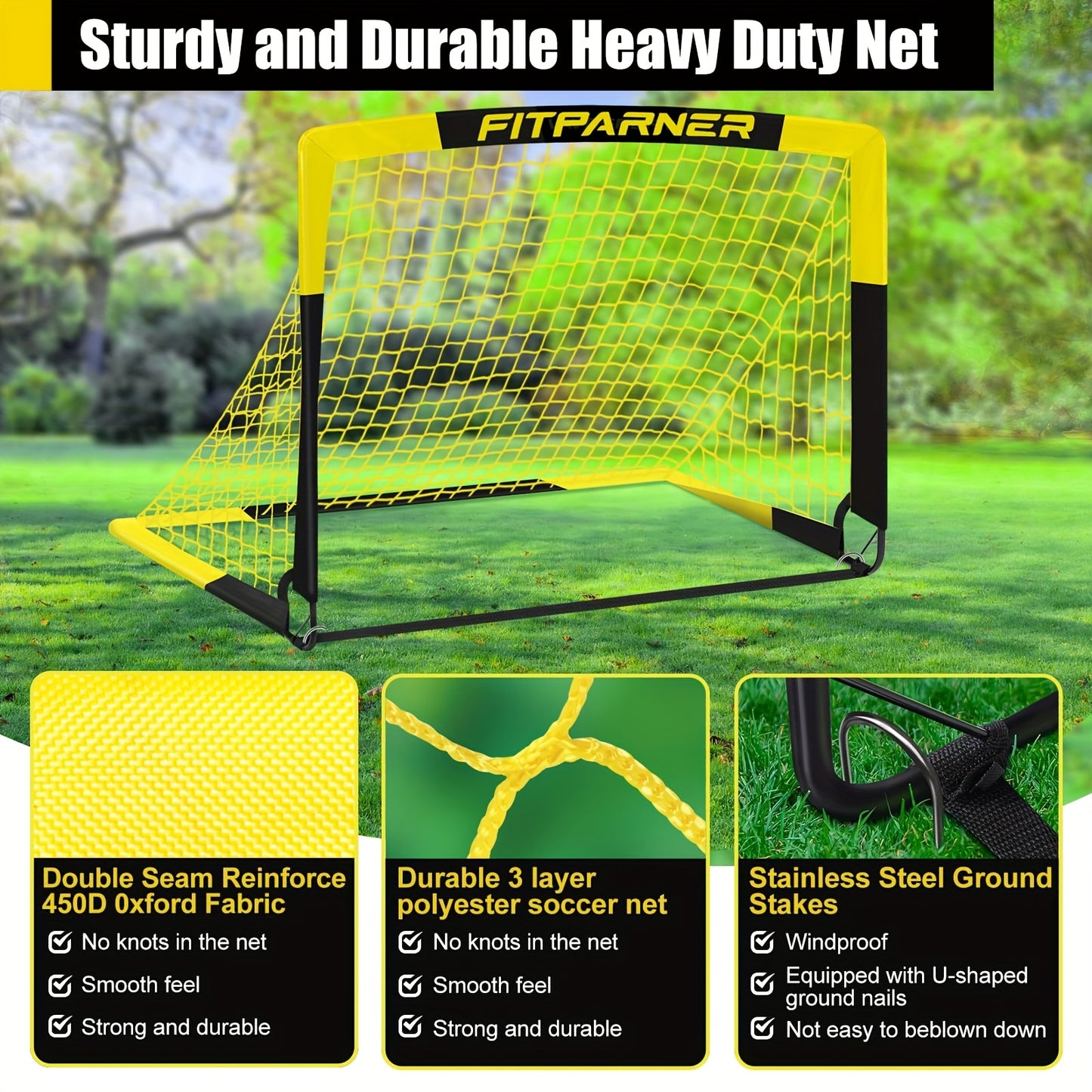 2 Soccer Goals 4'x 3'-Yellow/Orange/Black, Portable Soccer Goals for Backyard Or Indoor Pop Up Soccer Nets with 6 Training Cones, Carrying Bag, 8 Ground Stakes