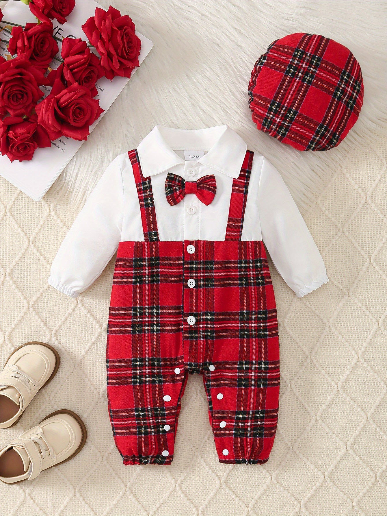 2pcs Baby Boy Christmas Party Outfit - Red & Black Plaid Long Sleeve Jumpsuit with Bow Tie & Hat, Casual School Style, Soft & Comfortable for Fall/Winter, Perfect for Holiday Celebrations, Baby Boy Christmas Clothes, for Outd