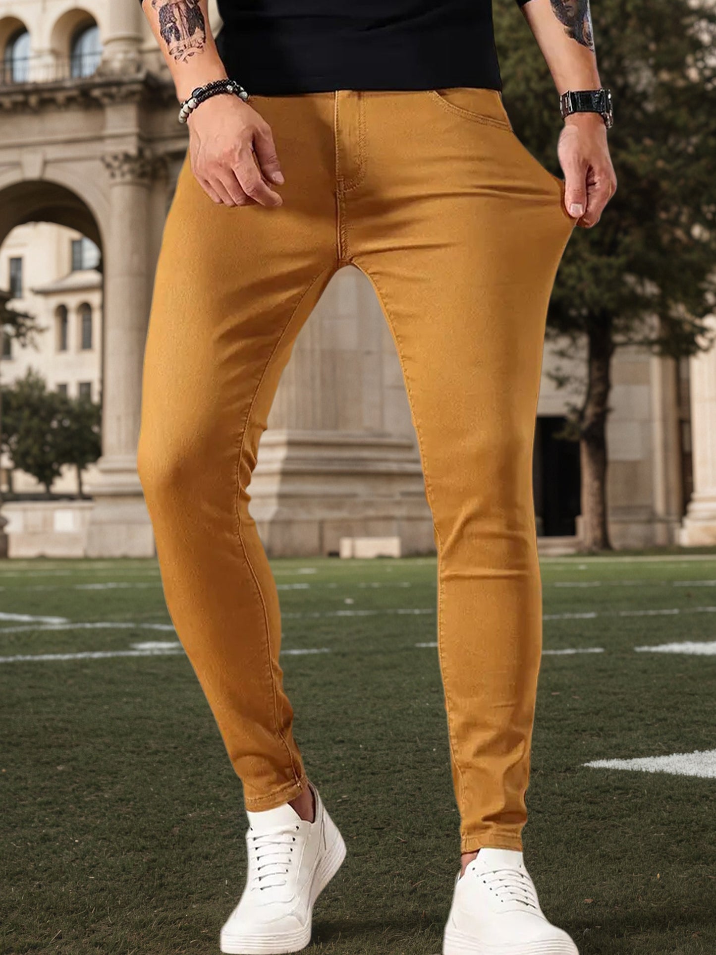 Fashionable long pants Slim-fit jeans Men's jeans with durable fabric, stretchy long pants style, cycling Men's pants, business casual brown long pants