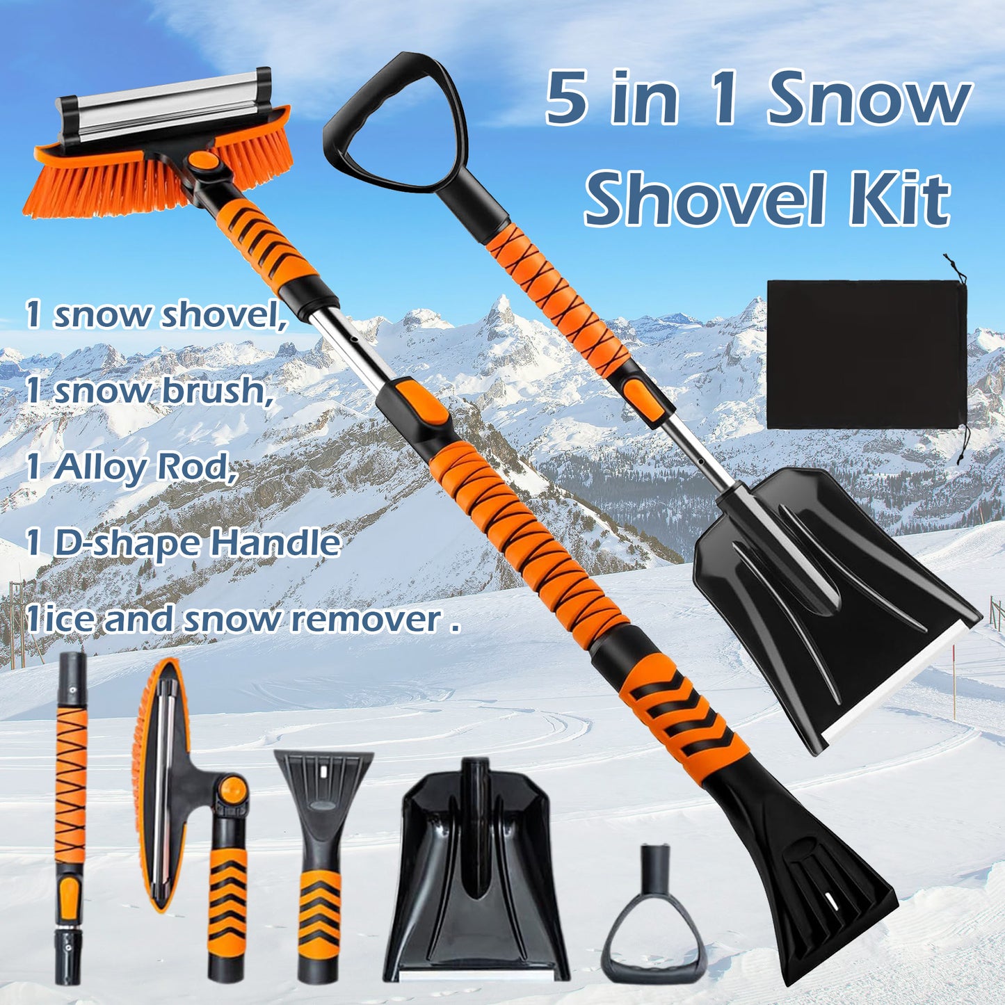 Vivicreate Extendable Snow Brush for Car Emergency, Ice Scrapers for Car Windshield Combo Kit with 270° Pivoting Head, 5-in-1 Snow Removal Tool with Snow Shovel Snow Scraper for Car, Truck, SUV, Winter Car Kit，Car Emergenc