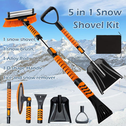 Vivicreate Extendable Snow Brush for Car Emergency, Ice Scrapers for Car Windshield Combo Kit with 270° Pivoting Head, 5-in-1 Snow Removal Tool with Snow Shovel Snow Scraper for Car, Truck, SUV, Winter Car Kit，Car Emergenc