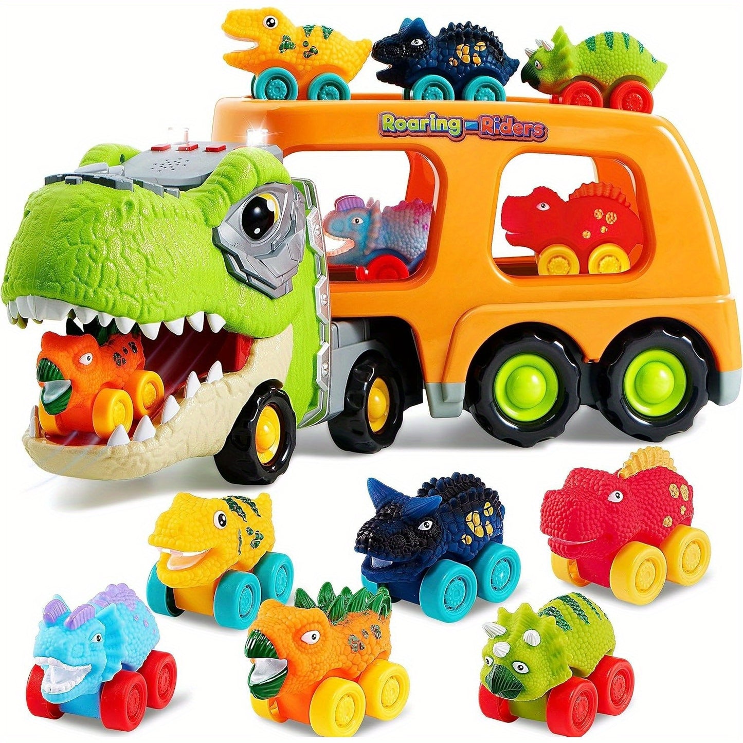 Dinosaur Truck toy for Kids, Dinosaur Car Carrier Truck with 6 Rubber Car Vehicles, Birthday Party Gifts with Music & Lights for boys and girls