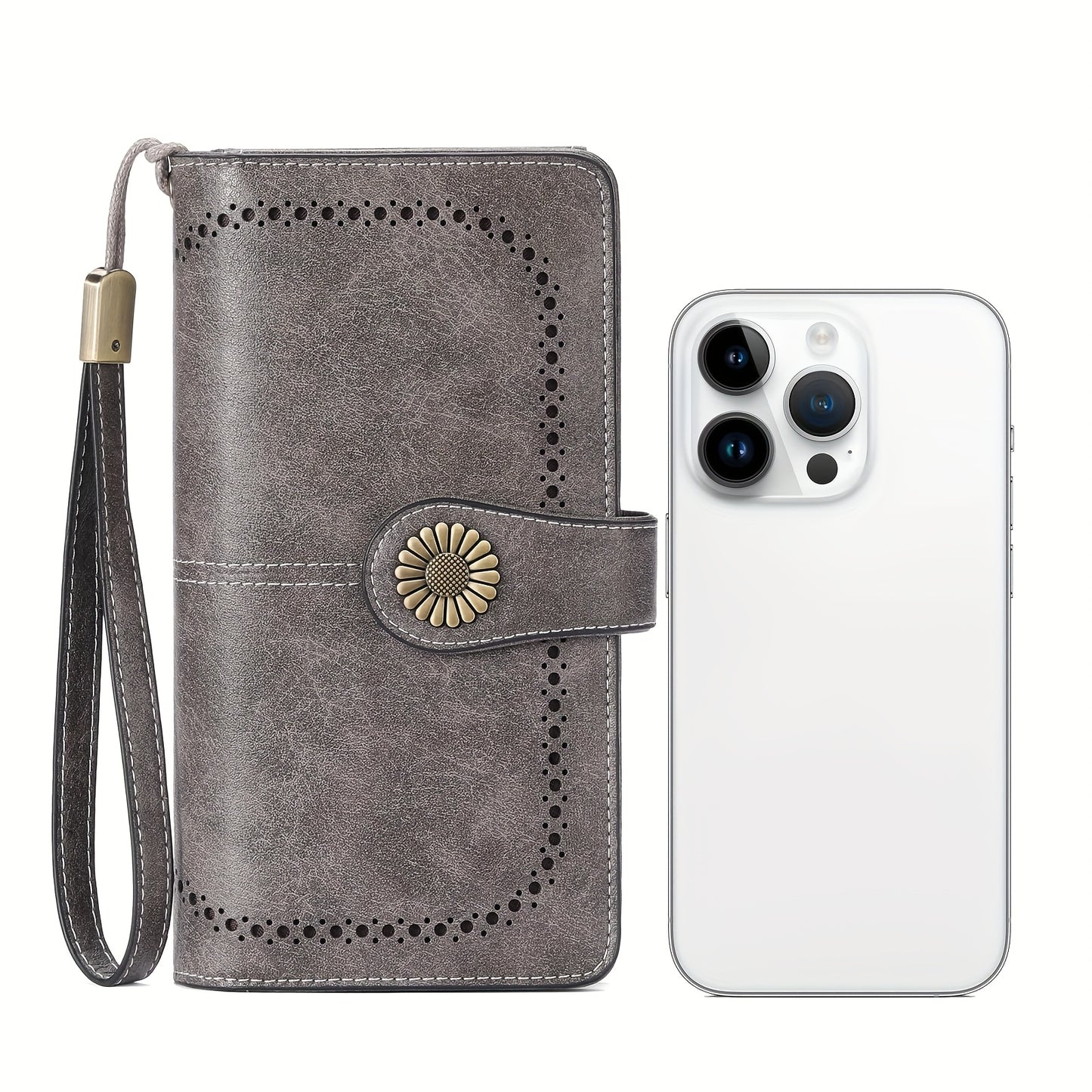 RFID Blocking Women's Genuine Leather Long Wallet with Sunflower Pattern - 24 Card Slots, Phone Pocket, ID Window & Zipper Wristlet, 2 Cash + 4 Receipt Compartments, Gift Box for Daily/Present Use