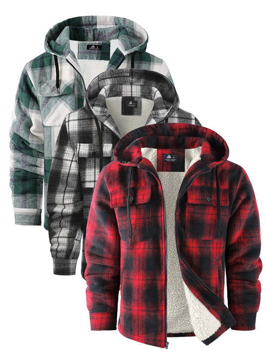 3pcs Sets Fashion Flannel Plaid Shirt Jacket for Men Sherpa Lined Zip Up Hoodies Shirts Jackets