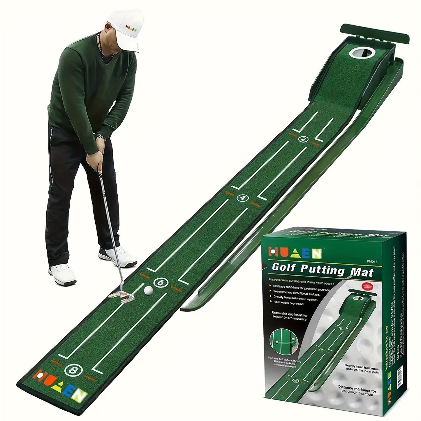 Golf Accelerator - A Sturdy Indoor Putting Mat Featuring Automatic Retrieval And a Post-Hole Collection System. Ideal for Practicing at for home Or Outdoors, It Enhances Putting Skills And Is Perfect for Both Golf Lovers And