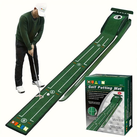 Golf Accelerator - A Sturdy Indoor Putting Mat Featuring Automatic Retrieval And a Post-Hole Collection System. Ideal for Practicing at for home Or Outdoors, It Enhances Putting Skills And Is Perfect for Both Golf Lovers And