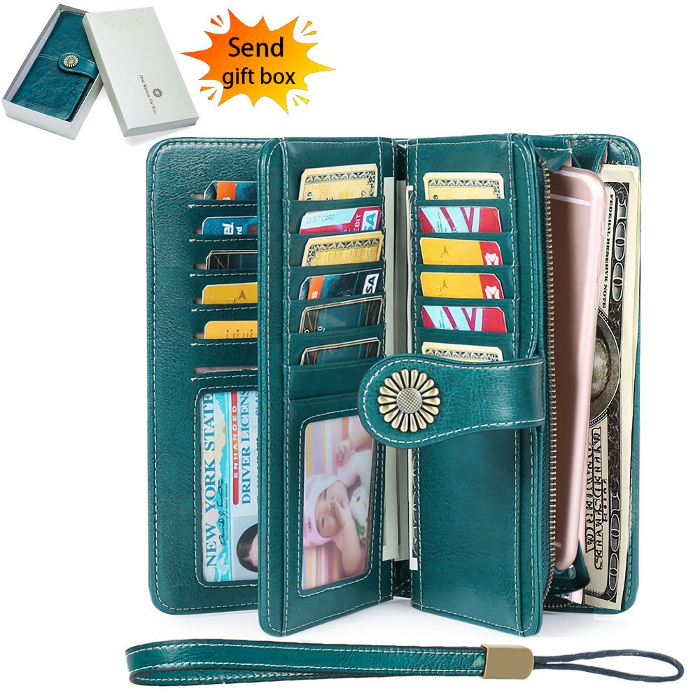 RFID Blocking Women's Genuine Leather Long Wallet with Sunflower Pattern - 24 Card Slots, Phone Pocket, ID Window & Zipper Wristlet, 2 Cash + 4 Receipt Compartments, Gift Box for Daily/Present Use