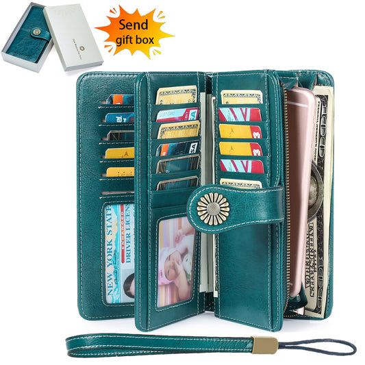RFID Blocking Women's Genuine Leather Long Wallet with Sunflower Pattern - 24 Card Slots, Phone Pocket, ID Window & Zipper Wristlet, 2 Cash + 4 Receipt Compartments, Gift Box for Daily/Present Use