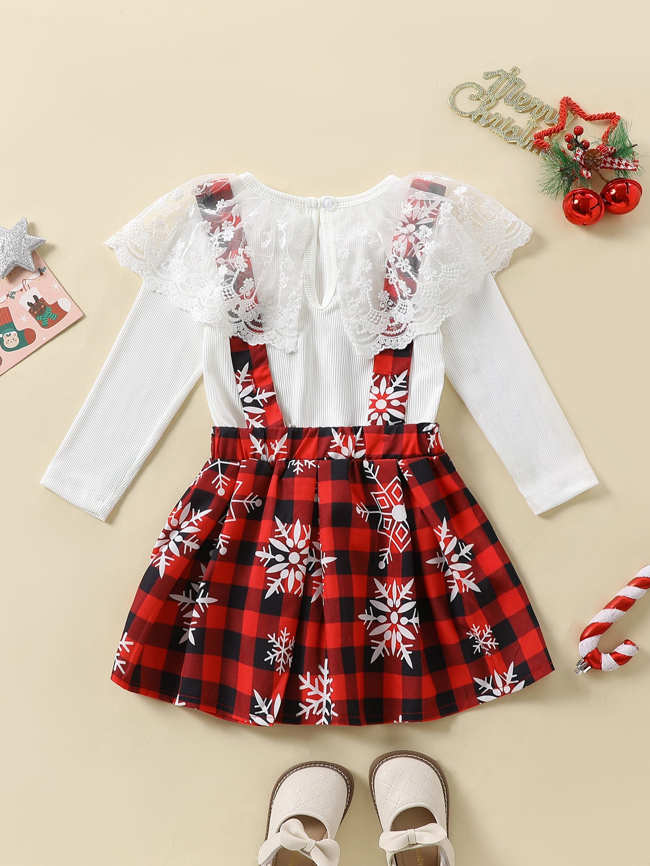 Girls' Winter Outfit Set - Lace Trim Knit Top & Plaid Snowflake Skirt with Red/ Pattern, Warm Long Sleeve Suspender Dress for Christmas, New Year's, Everyday - Easy-diaper-change Girls Clothing, for Outdoor