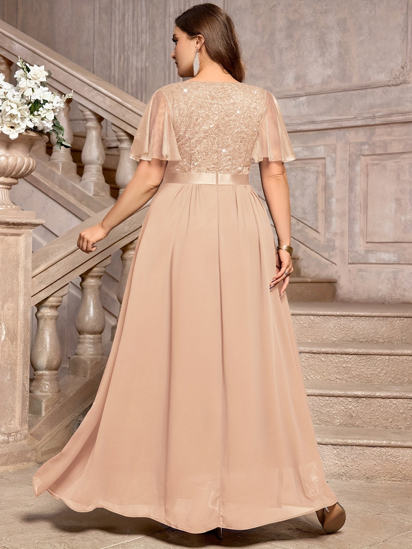 Plus Size - P54385A Elegant Plus Size Sequin Lace Bridesmaid Dress, Sweetheart Neckline With Mesh Ruffle Sleeves, Pleated Chiffon Skirt For Formal Parties, Evenings, Weddings
