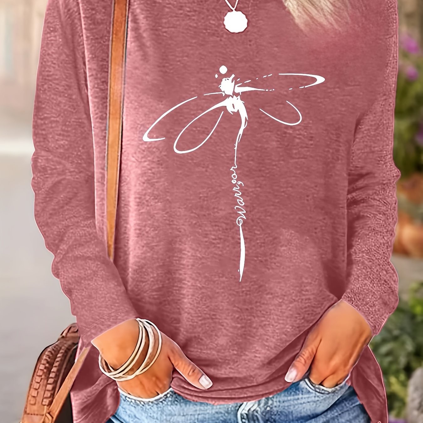 Plus Size - Plus Size Women'S Turquoise Dragonfly Print T-Shirt - Long Sleeve Round Neck Casual Layered Top with Chinese Character Design, Oversized Fit for Spring & Fall