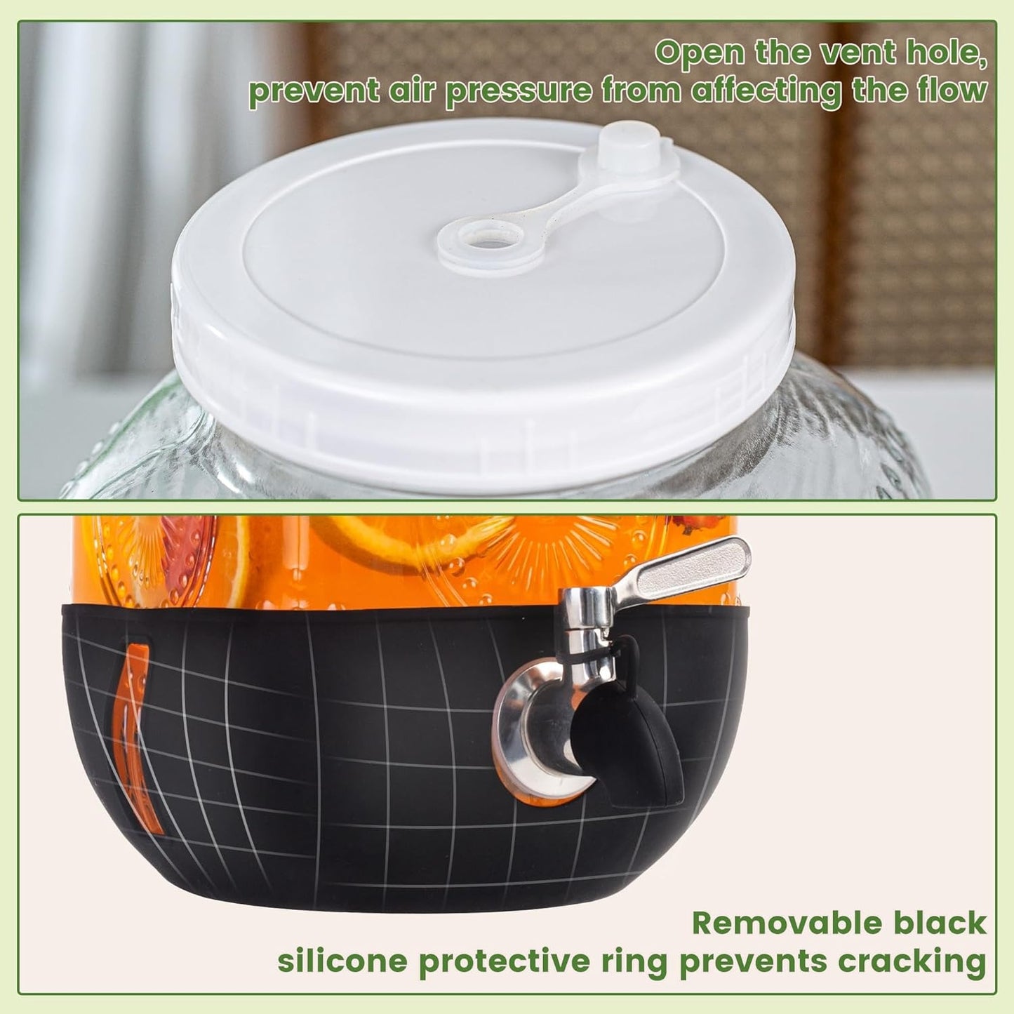1 Gallon Glass Drink Dispensers For Parties, Leakproof/Crack-resistant Beverage Dispenser with Silicone Protective Case for Iced lemonade,Juice, Sun Tea Jar, Water, Stainless Steel Spigot