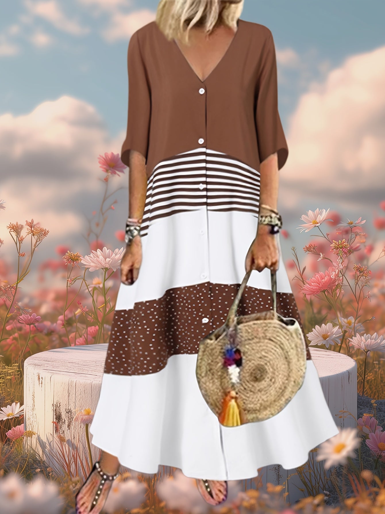 Plus Size, Oversized Women's V-neck Short Sleeved Printed Dress, Button Casual Contrasting Mid Length Skirt