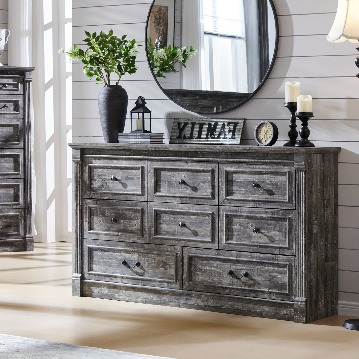 [8-Drawer Wood Chest] Farmhouse 8 Drawers Dresser, 61" Wide Wood Chest Large Storage Dressers W/Roman Column for Bedroom, Hallway | Wooden Decor, Hallway Furniture, Bedroom Storage, Rustic Decor, Classic Design, Durable Craft