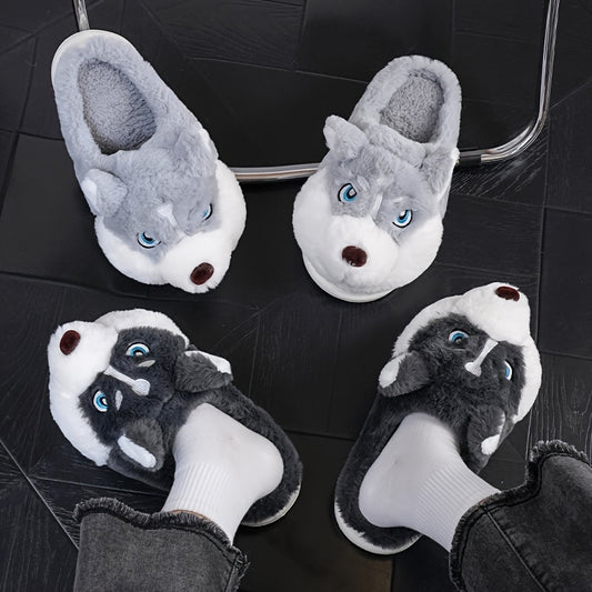 Unisex Husky Dog Slippers for Men & Women, Winter Warm Indoor/Outdoor Shoes, Slip-Resistant