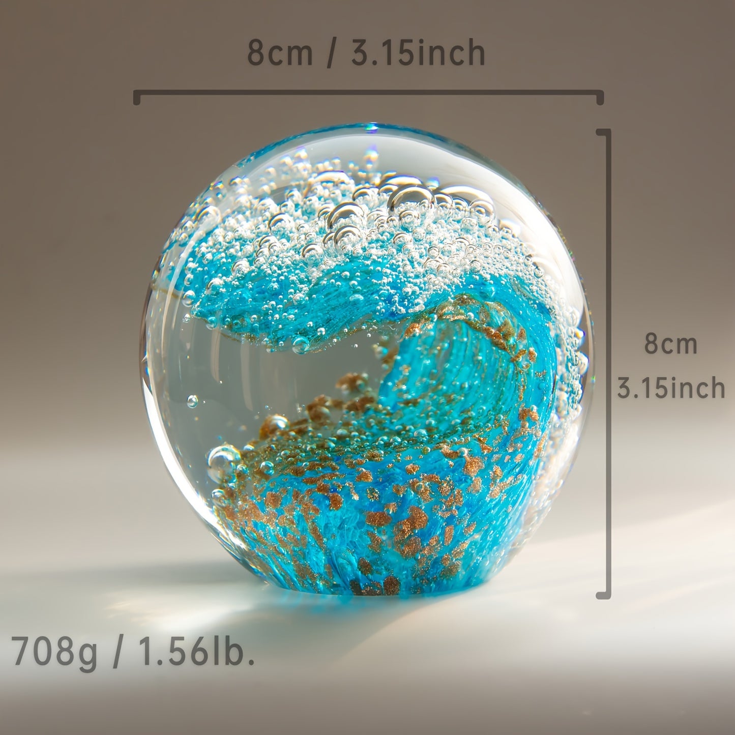 KANGMING Ocean Style Handmade Blown Glass Wave Paperweight, a Small Decorative Statue for Home Collection, Handcrafted Art Ornament, Collectible Souvenir, Blending Sky Blue with Golden Sand (8 Cm / 3.15 Inches / 700 Grams / 1