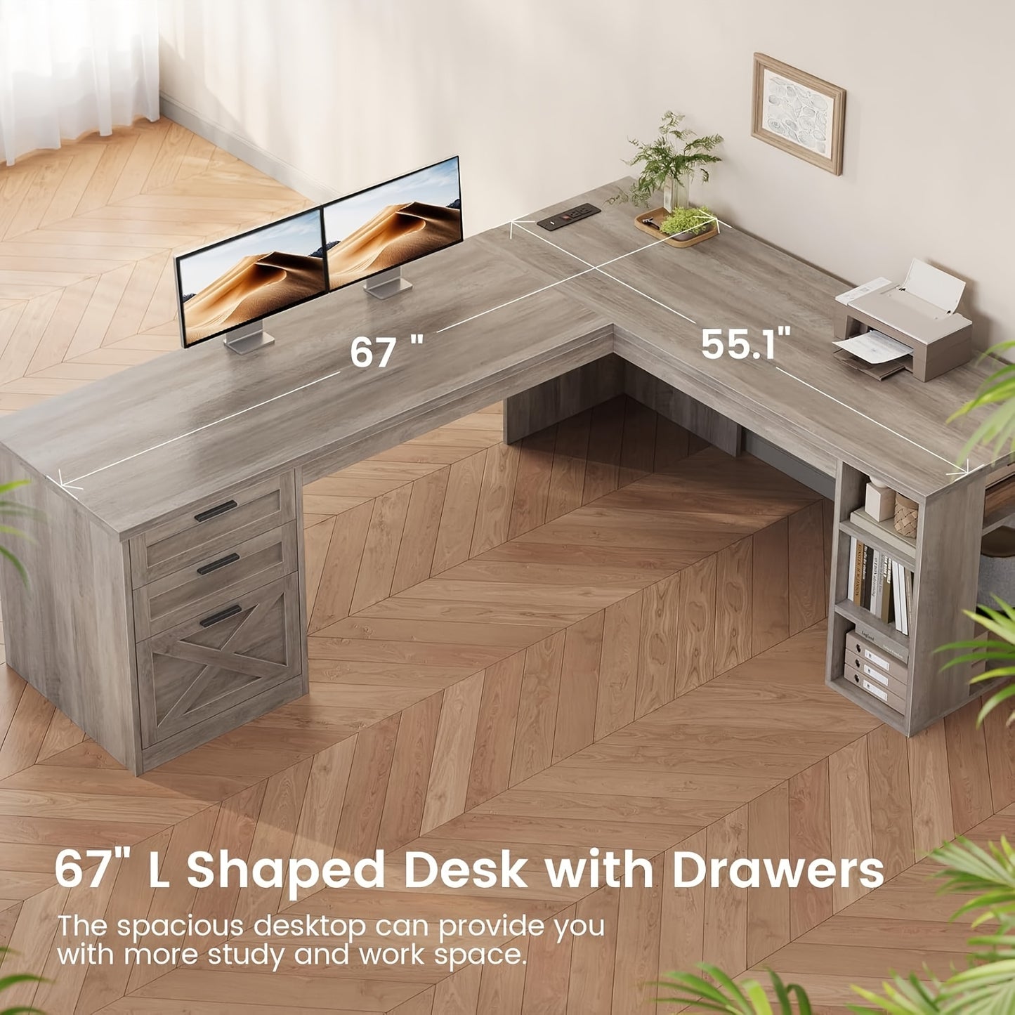 67" L Shaped Desk with Ample Storage, Farmhouse Computer Desk with Large Desktop And Power Outlets, Home Office Desk with 3 Drawers And Open Shelves, Pc Workstation Corner Desk for Home Office, Grey