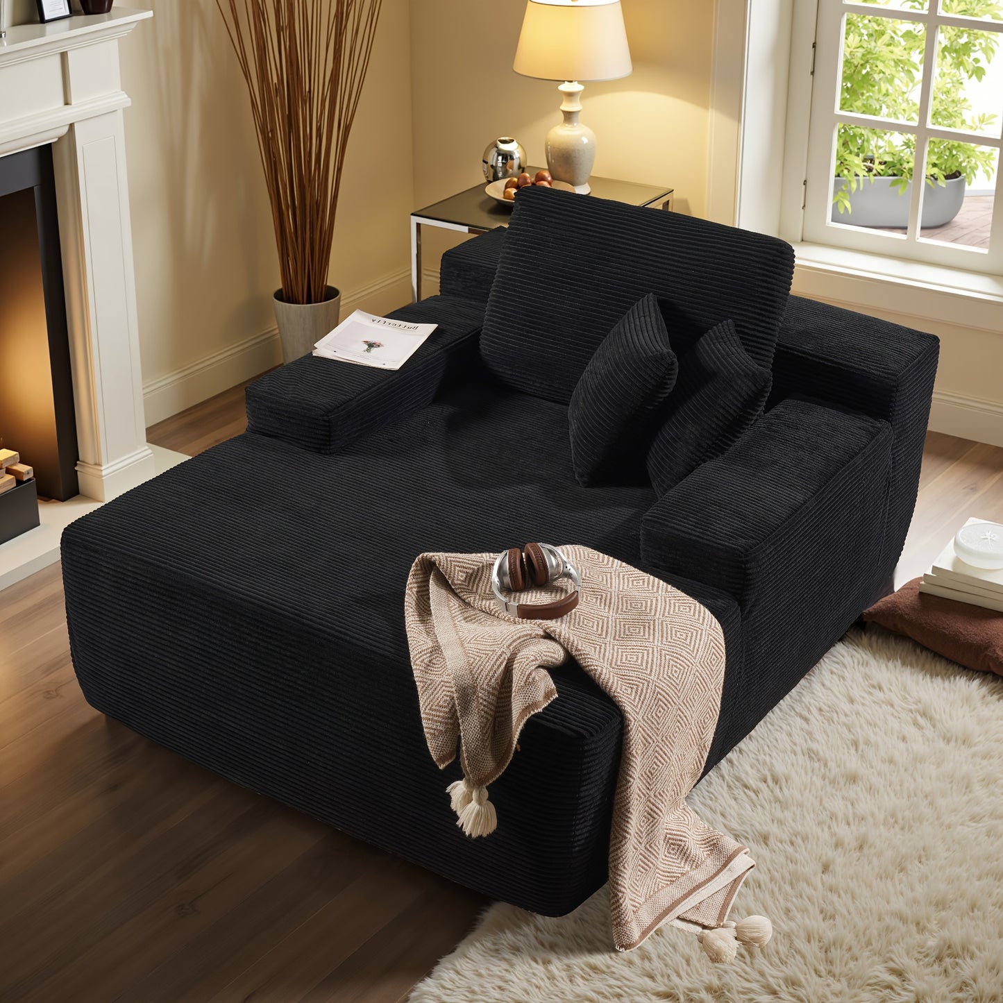 67" Oversized Boneless Lounge Chaise - Corduroy/Plush Fabric/Teddy Fleece Floor Couch with Pillows And Armrests | Deep Seat Single Sofa Bed with High Density Sponge Cushion | U Sleeper Couch for Living Room, Apartment, Bedroo