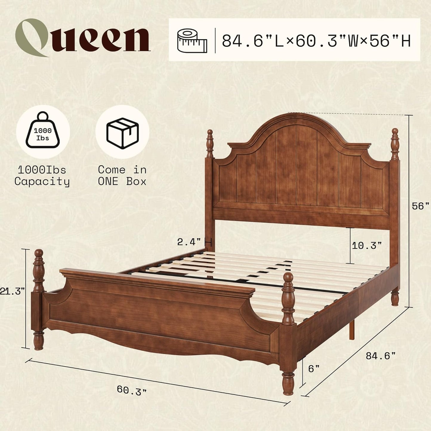 A Sturdy Wooden Bed Frame Featuring a 56-Inch Arched Headboard, This Classic Poster Bed Comes with Wooden Slats for Support, Eliminating The Need for a Box Spring And Allowing for Assembly.