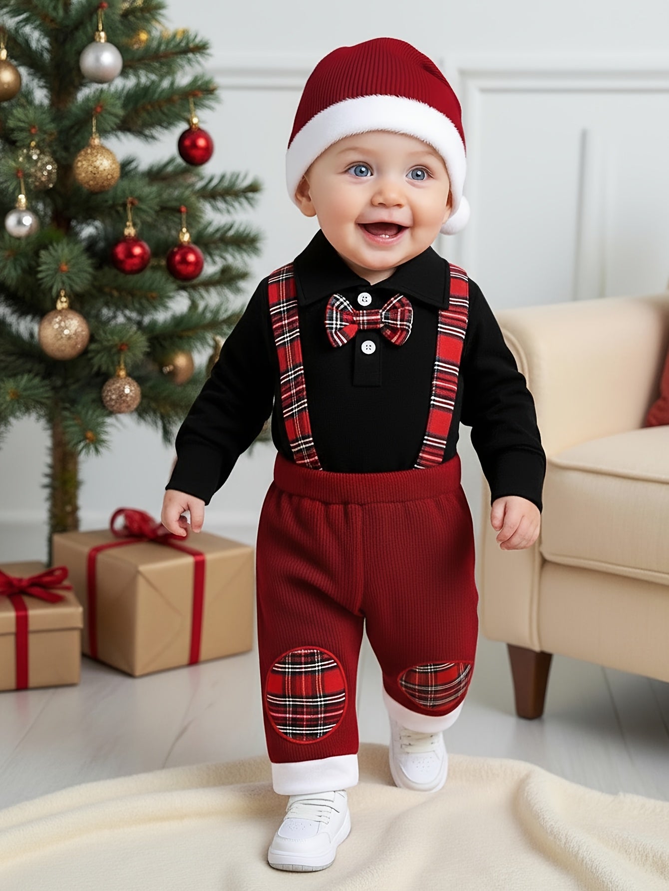 3pcs Baby Boys' Christmas Outfit Set - Elegant Black & Red Formal attire with, Long Sleeve Jumpsuit & Red Bib Pants, Easy-diaper change snaps, Holiday Party & Photo Shoot Clothing for Boys (Christmas Hat Included) - Ideal Chr