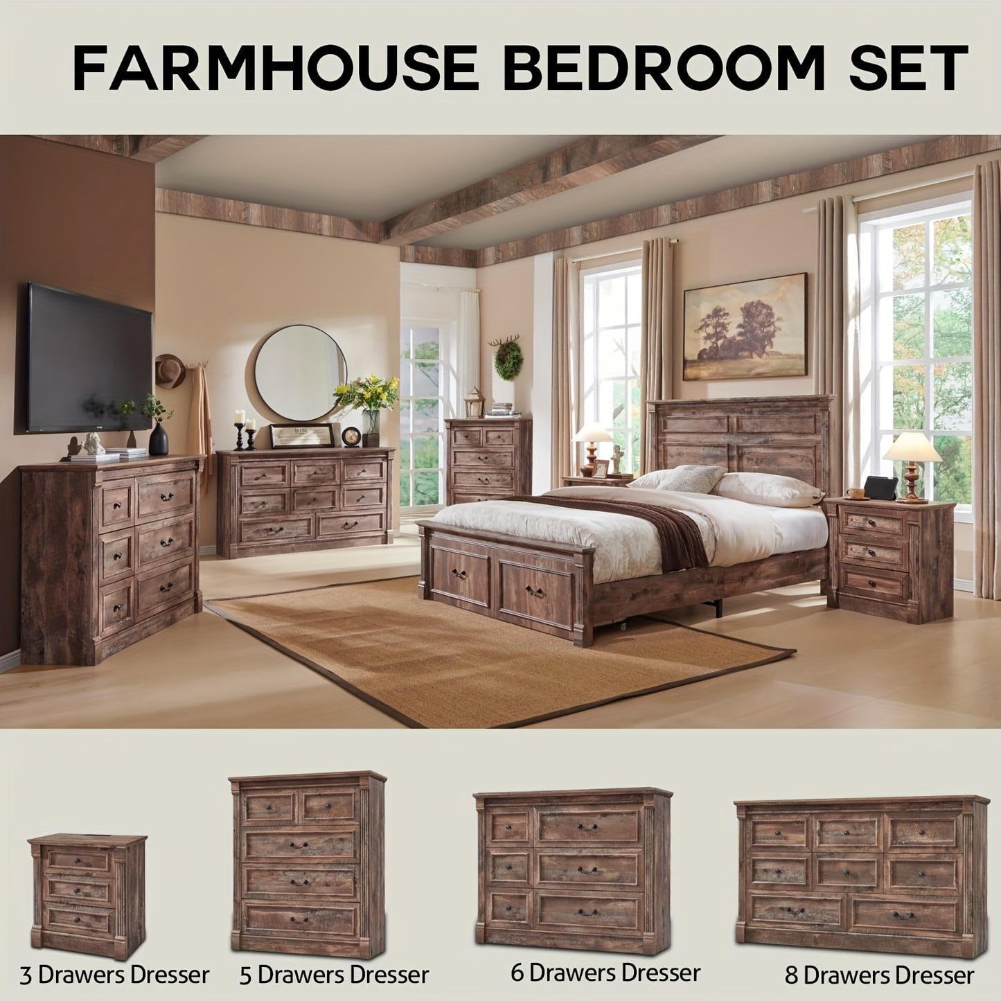 57" Tall Farmhouse Dresser with 7 Drawers, Wooden Storage Chest Featuring Roman Columns for Bedroom Or Hallway | Wooden Decoration
