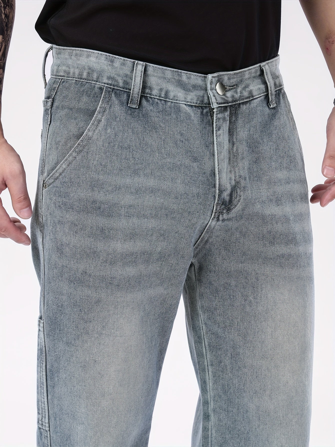 Men's Heavyweight 100% Denim Straight-Leg Jeans - Light Wash Vintage Look, All-Season Comfort, Classic Five-Pocket Design (Kangaroo Pocket & Cuffed Hem) - Casual & Formal Wear, Machine Washable - Navy Blue Bicycle Style Trous