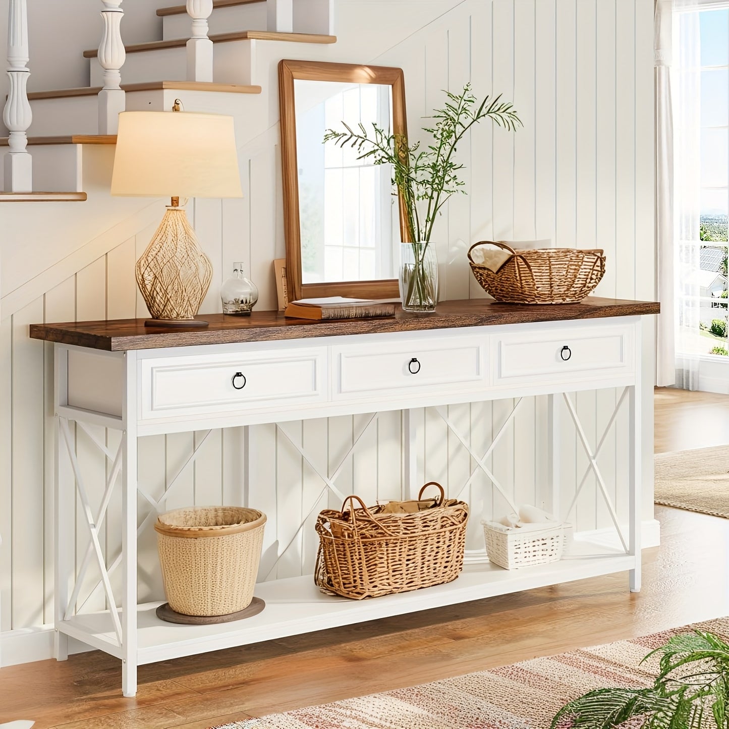 70.8" Console Table With 3 Drawers, Farmhouse Entryway Table With Storage Shelf, Narrow Long Sofa Foyer Table For Entryway, Hallway