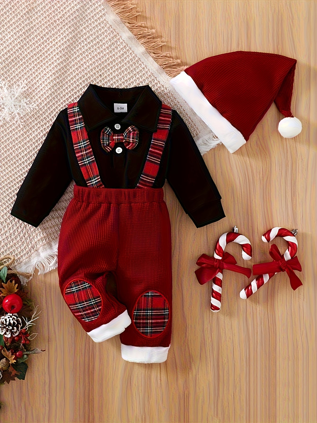 3pcs Baby Boys' Christmas Outfit Set - Elegant Black & Red Formal attire with, Long Sleeve Jumpsuit & Red Bib Pants, Easy-diaper change snaps, Holiday Party & Photo Shoot Clothing for Boys (Christmas Hat Included) - Ideal Chr