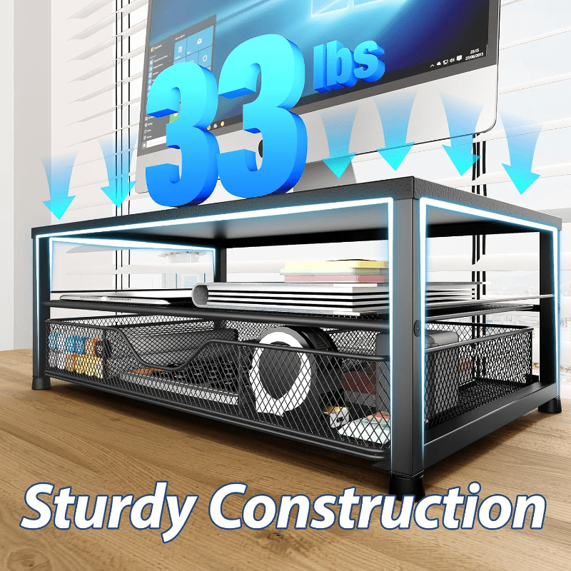 Desk Organizer And Accessories, 2-Tier Computer Monitor Stand Riser with Drawer And 2 Pen Holders, Laptop Stand, Printer Stand, Office Desk Accessories for Office Supplies, Black