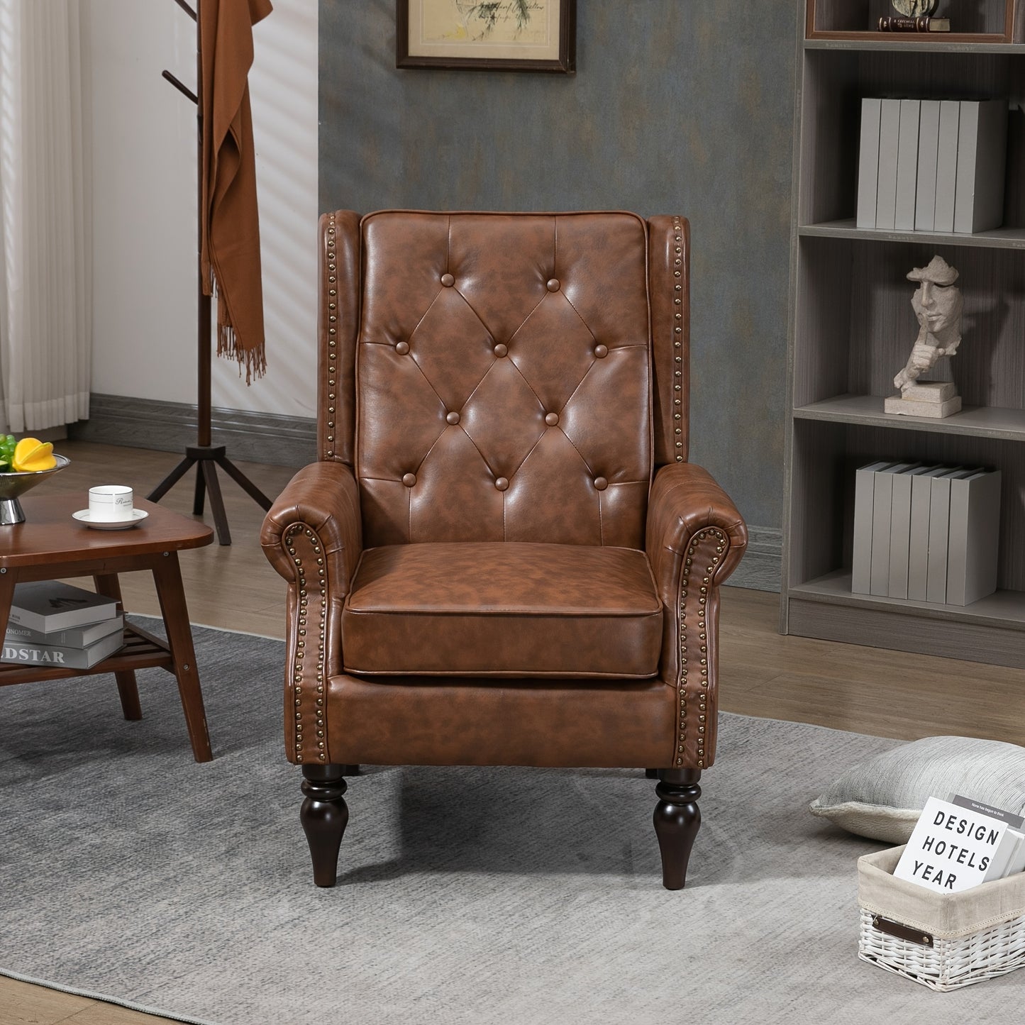 Faux Leather Chesterfield Chair, a Modern Medieval Single Sofa, Plush Upholstered Armchair with Curved Arms for Home Bedroom Reading Room