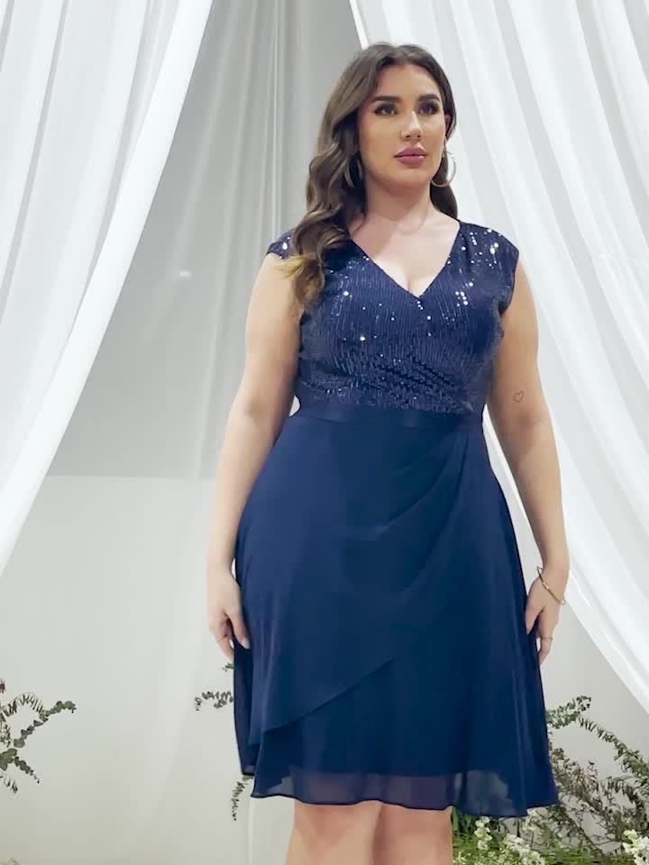 Plus Size - P82012 Elegant Plus Size Women'S Sequin Bridesmaid Dress, V-Neck Sleeveless, Waist Cinching With Ruffle Chiffon Knee-Length Hem, Perfect For Weddings, Evenings, Parties